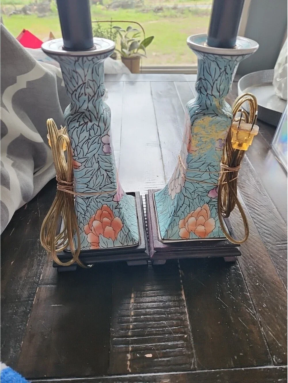 Set Of 2 Vtg Turquoise Chinoiserie Ceramic Macau Table Lamps Floral Rare Set!